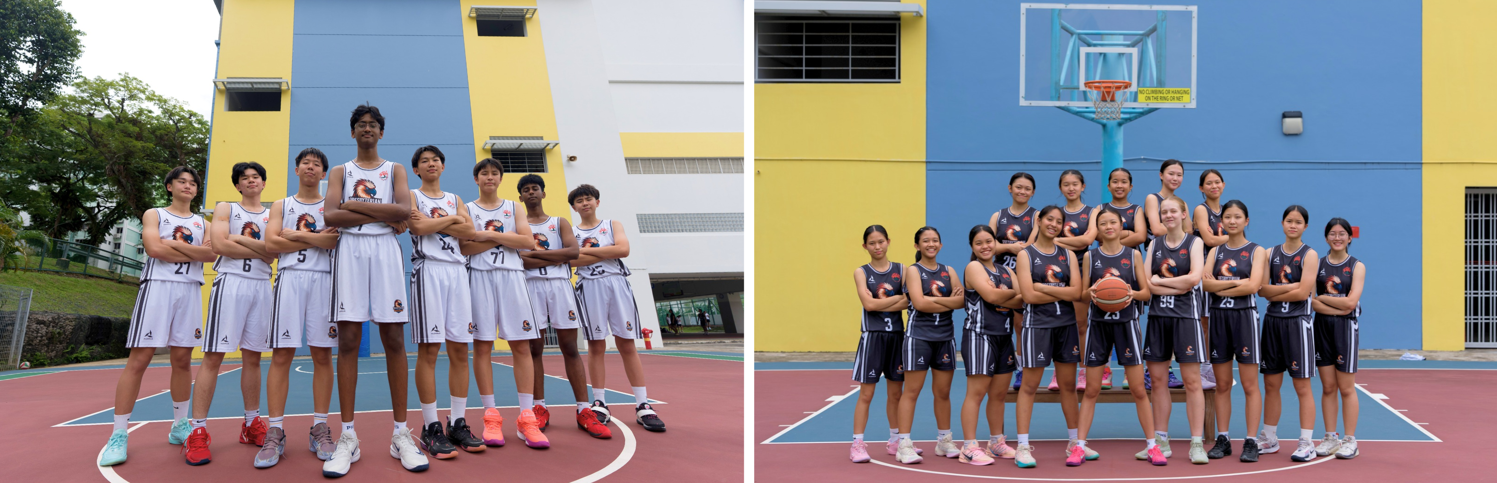 A youth basketball team in blue and white Preshigh jerseys posing on an outdoor court near a colorful school building.